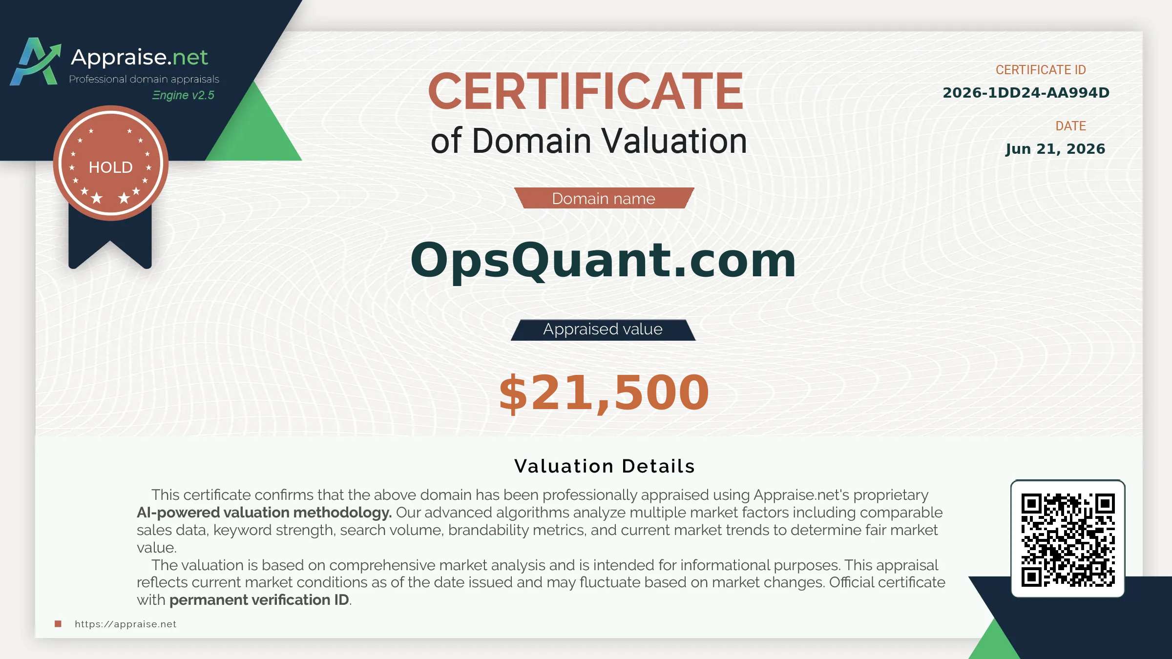 Appraise.net certificate for OpsQuant.com